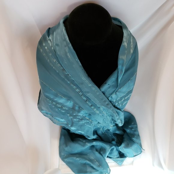 VTG Cejon Scarf, Silk, Teal, Blue, Gold Thread, Rectangular 56.5" x 13" - Picture 1 of 8